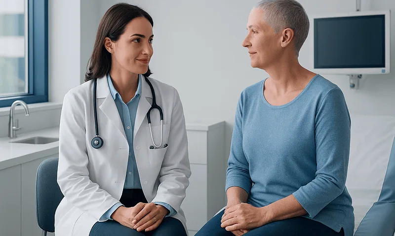 Doctor consulting with a patient in a hospital room.