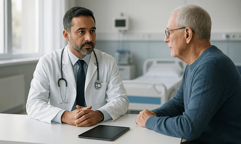 Doctor consulting with elderly patient in hospital room.