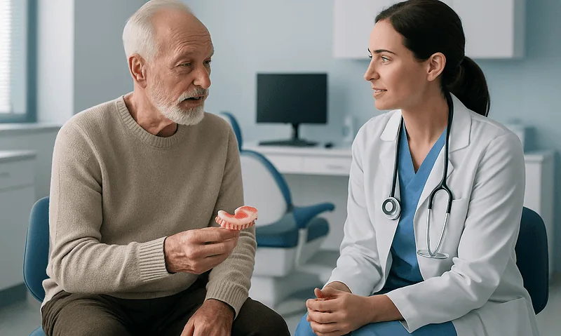 Dentist explaining denture options to elderly patient in clinic.