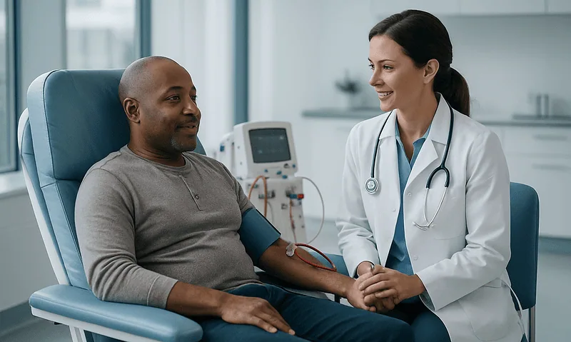 Doctor consulting with patient in hospital room for renal health.