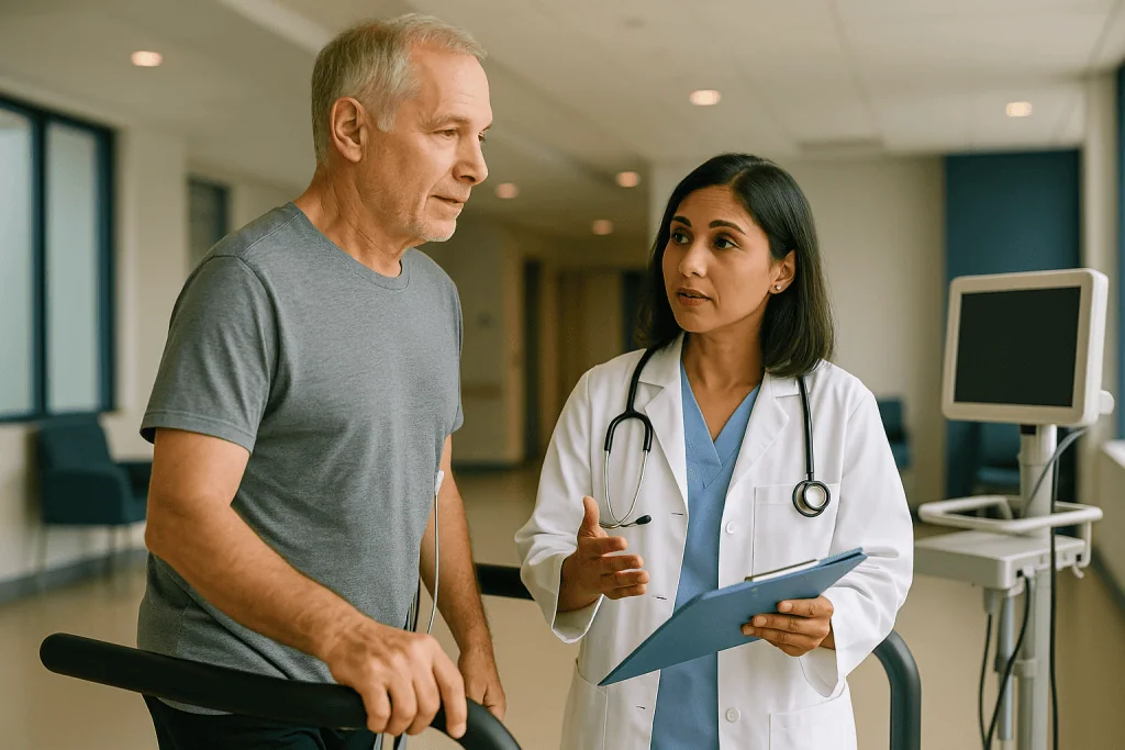 Doctor consulting with male patient in clinical hallway: When should cardiac rehab begin?