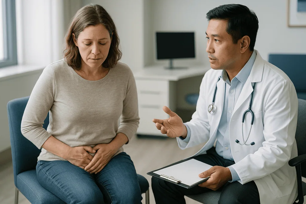 Doctor consulting female patient about abdominal symptoms: When should you go to the doctor with cystitis?