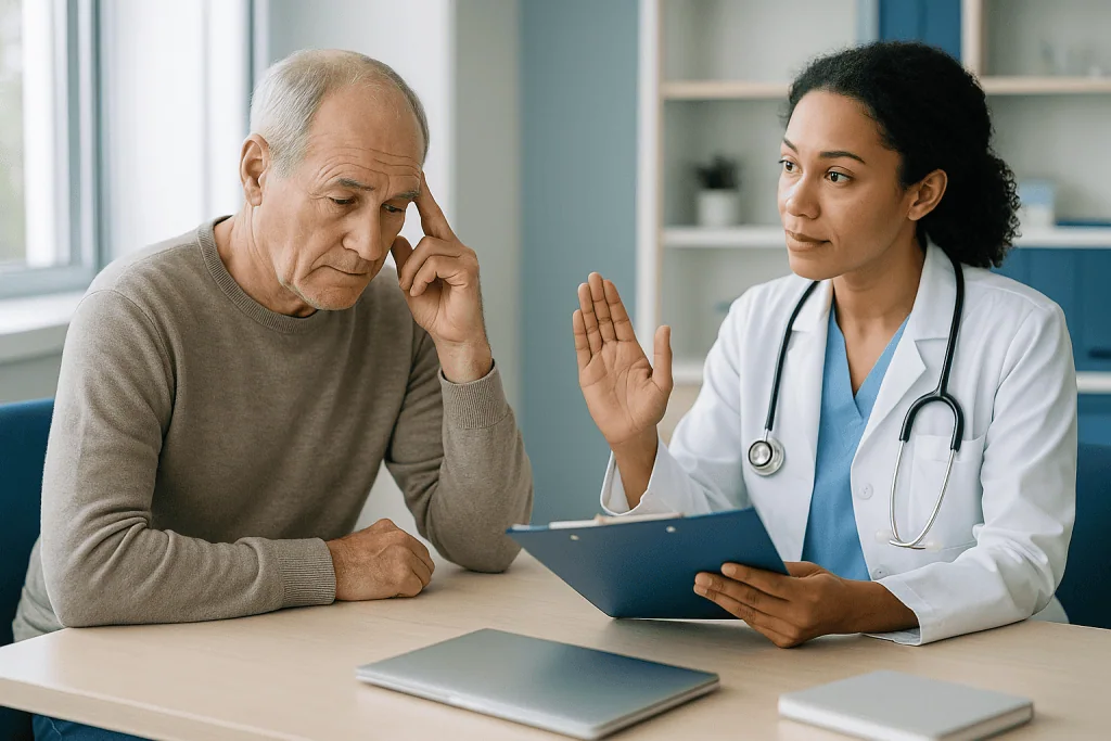Doctor consulting with elderly patient about cognitive concerns: When should you see a neurologist for memory loss, and who 