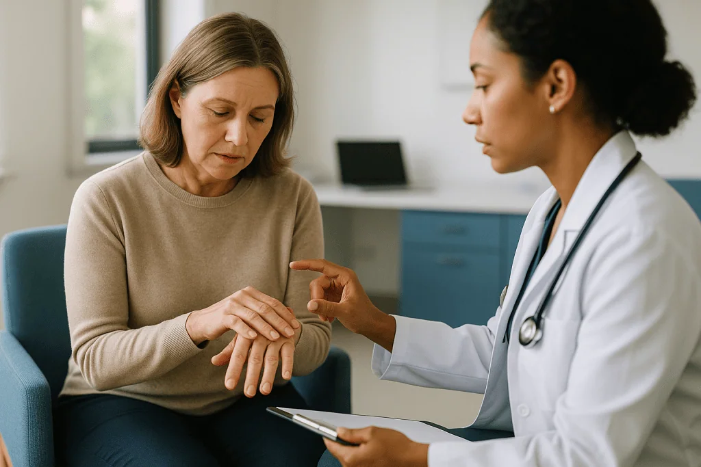 Doctor examining patient's hand and wrist joint: When should you see a rheumatologist for joint swelling?