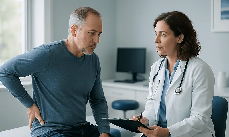 Doctor consulting with a male patient about spinal health in a clinic.