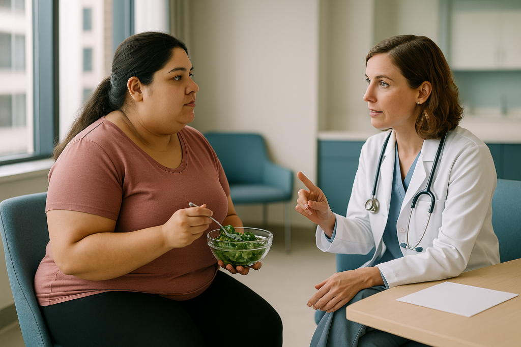 Doctor consultation with patient holding salad bowl: When surgery is usually discussed, and who is asked to wait