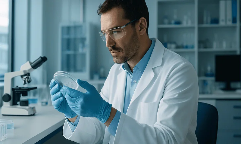Research scientist examining a petri dish in a laboratory setting.