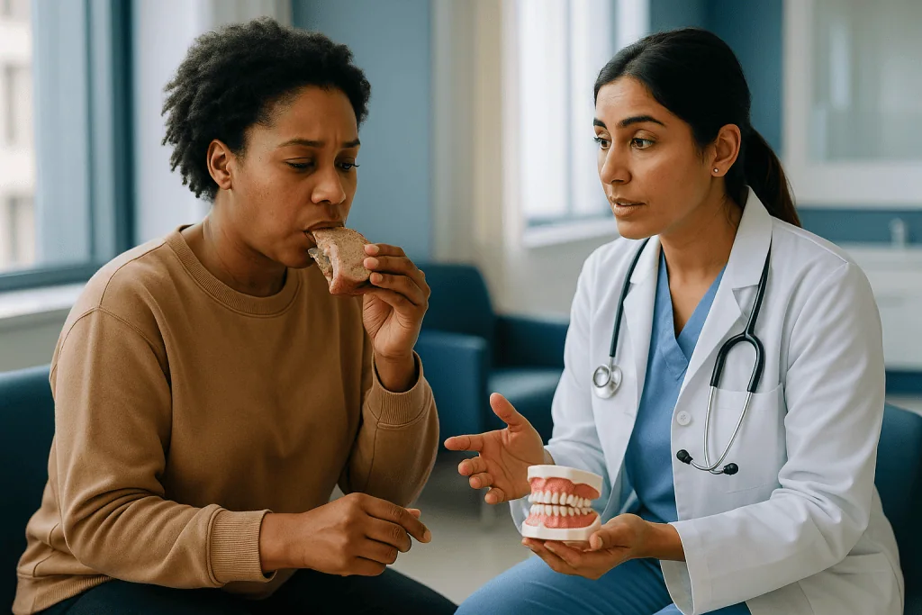 Dentist consulting patient about dental health model: When teledentistry is not enough: the concerns that need an in-person 