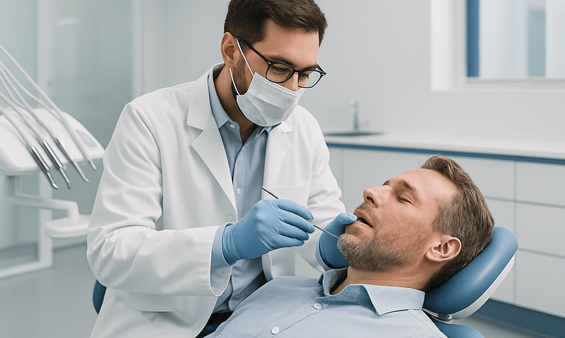 Dentist performing in-person dental examination on patient in clinic.