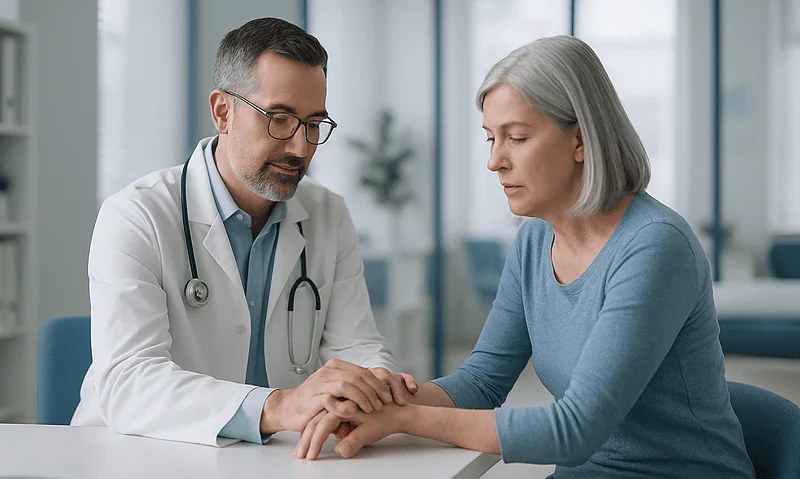 Doctor examining elderly woman's wrist in a medical consultation.