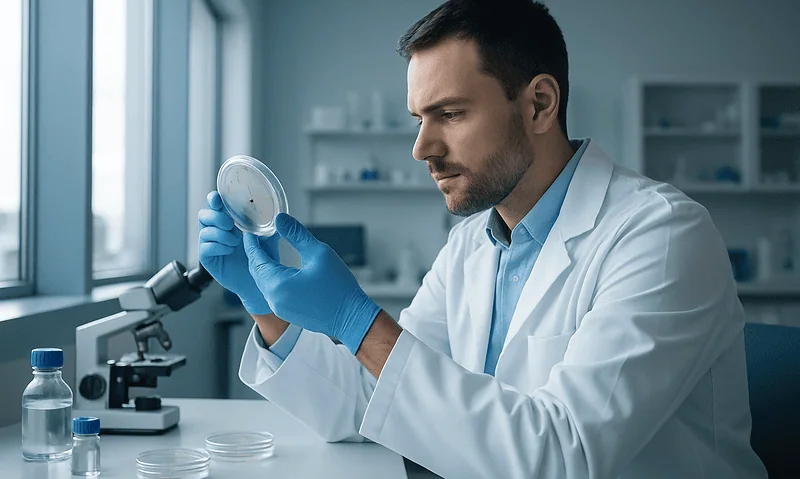 Research scientist examining a petri dish in a laboratory setting.