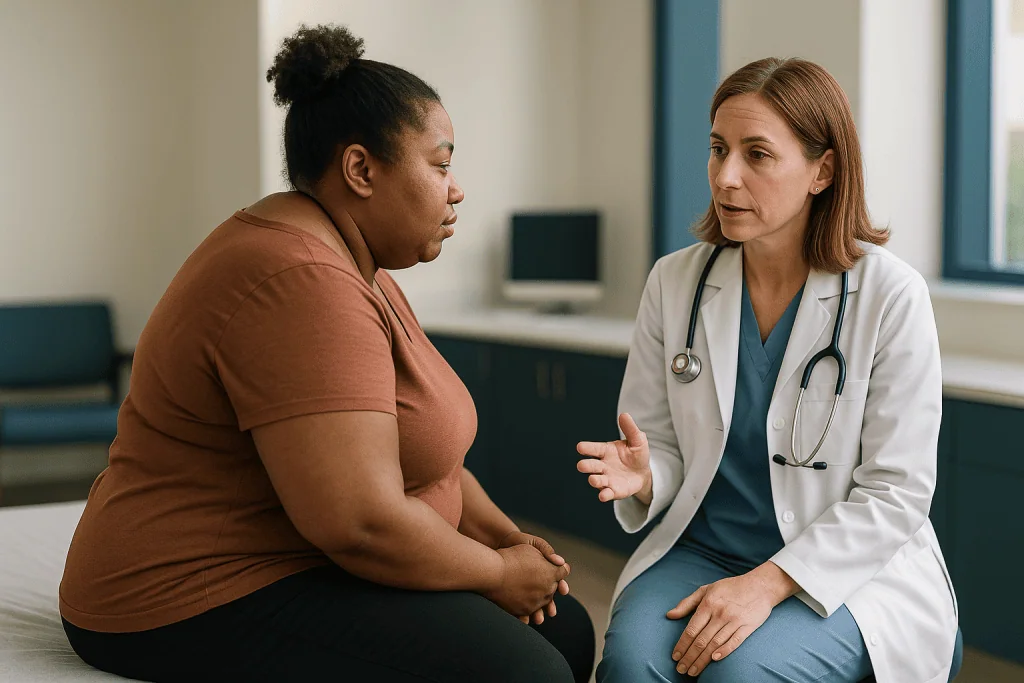 Doctor consulting with adult patient in clinical setting: When the bump is simply fat: the dorsocervical fat pad