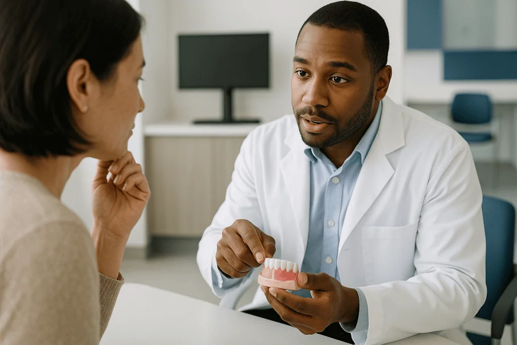 Dentist explaining gum model to patient in clinic: When the tissue is not yours: allografts, xenografts and rotated flaps