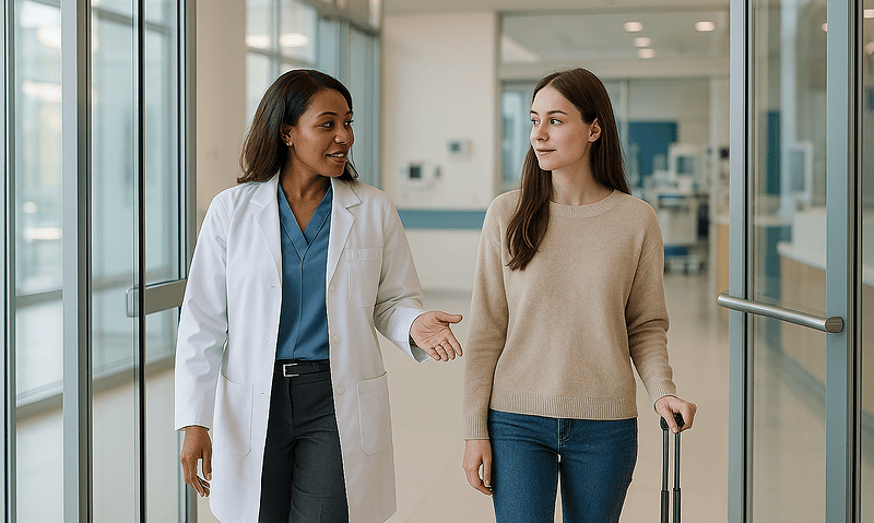 Doctor and patient walking in hospital corridor in Turkey.