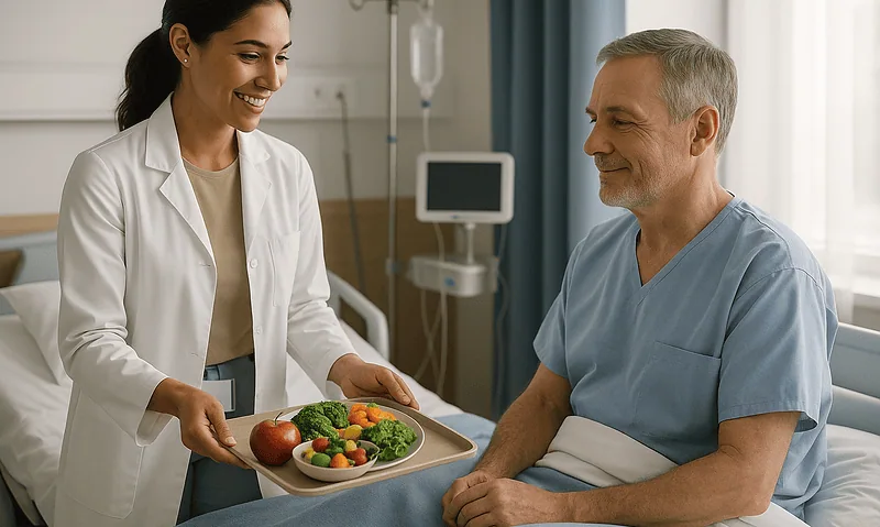 Nurse serving healthy food to a patient in hospital room.