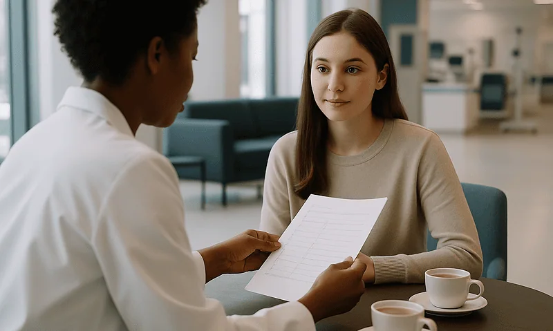 Patient consulting with doctor about treatment plan in a hospital setting.