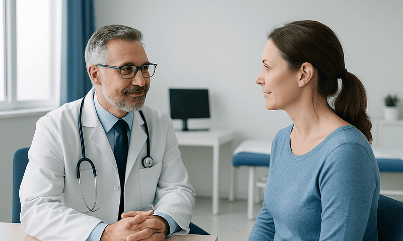 Doctor consulting with a female patient in a medical office.
