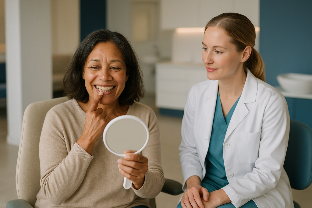 Female patient examining teeth in mirror with dentist: When to consider cosmetic dentistry: the short version