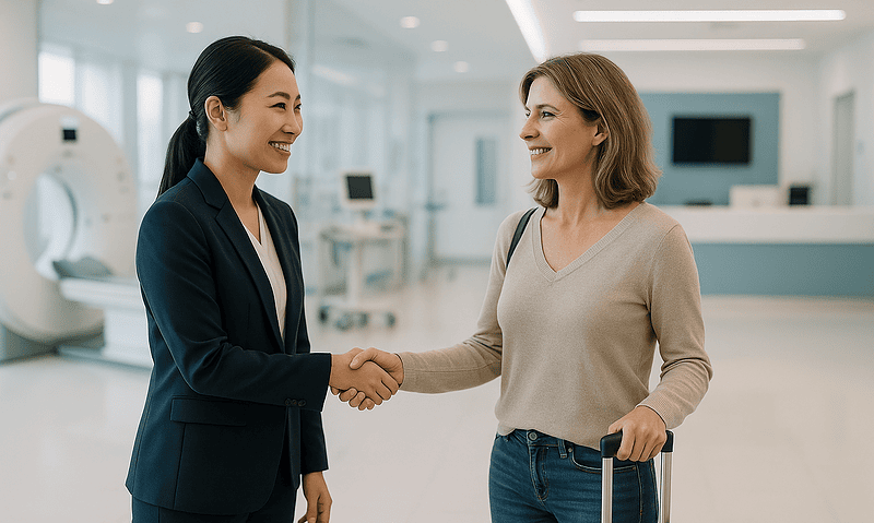 Medical professional greeting a patient at a hospital reception area.