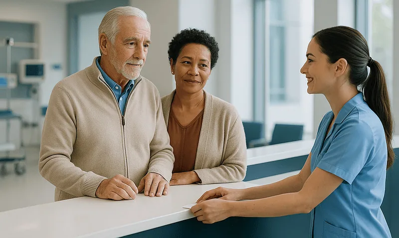Elderly patients consulting with a nurse at a hospital reception desk.