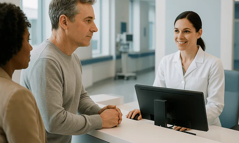 Doctor consulting with patients at hospital reception desk.