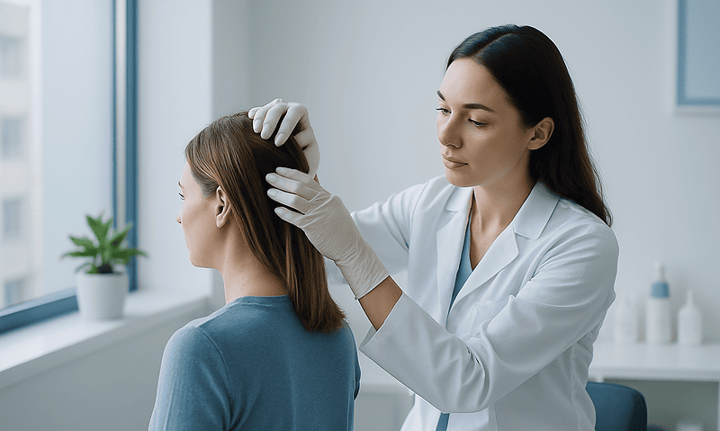 Doctor examining patient's scalp for hair transplant assessment.