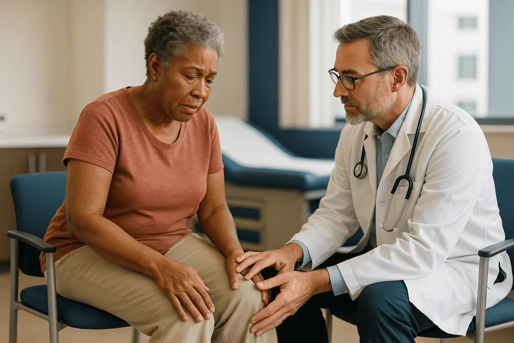 Doctor examining patient's knee during consultation: When to get a knee replacement: the signals that move the conversation 