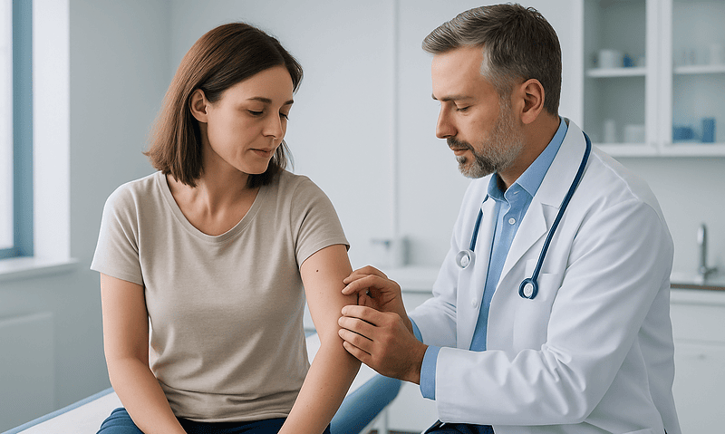 Doctor examining a woman's mole in a clinical setting.