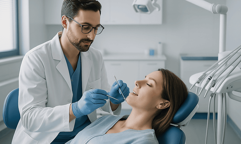 Dentist performing a dental examination on a patient in a clinical setting.