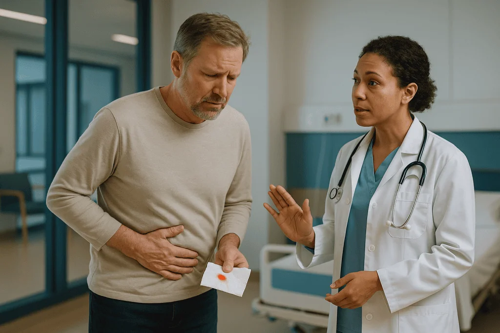 Doctor consulting patient about abdominal bleeding symptoms: When to go to the ER for GI bleeding: signs that mean now