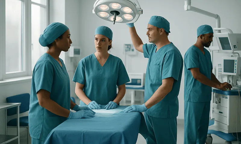 Medical team preparing for surgery in a modern hospital operating room.
