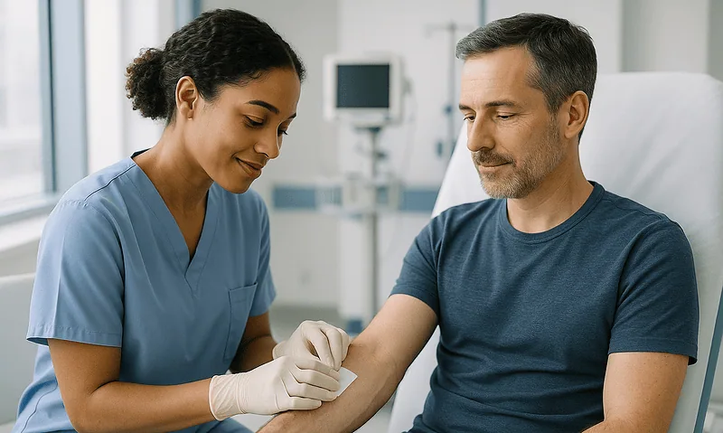 Nurse administering a blood test to a male patient in a hospital setting.