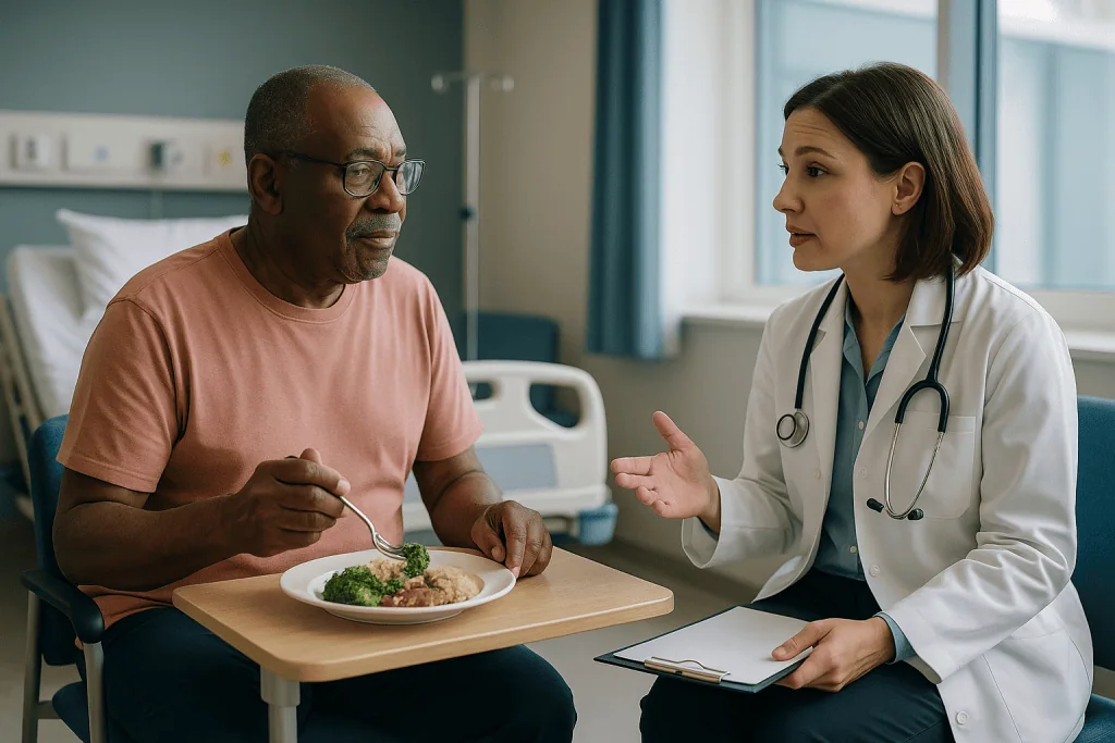 Doctor consulting patient about diet and nutrition: When to start dialysis, and who is usually asked to wait