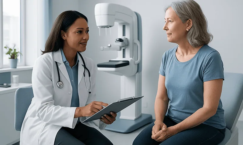 Doctor discussing mammogram with a patient in a medical office.