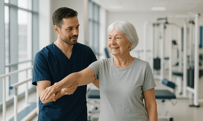 Healthcare professional assisting elderly woman in physiotherapy session.
