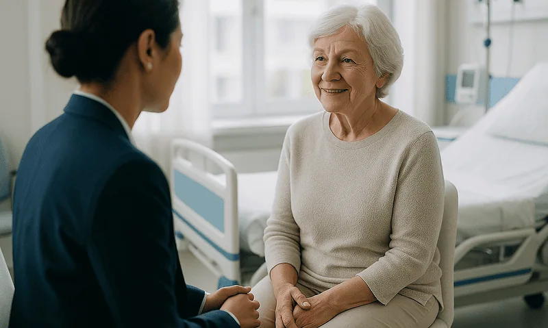 Compassionate doctor talking to elderly patient in hospital room.