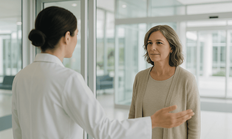 Doctor explaining pre-procedure instructions to a patient at a hospital.