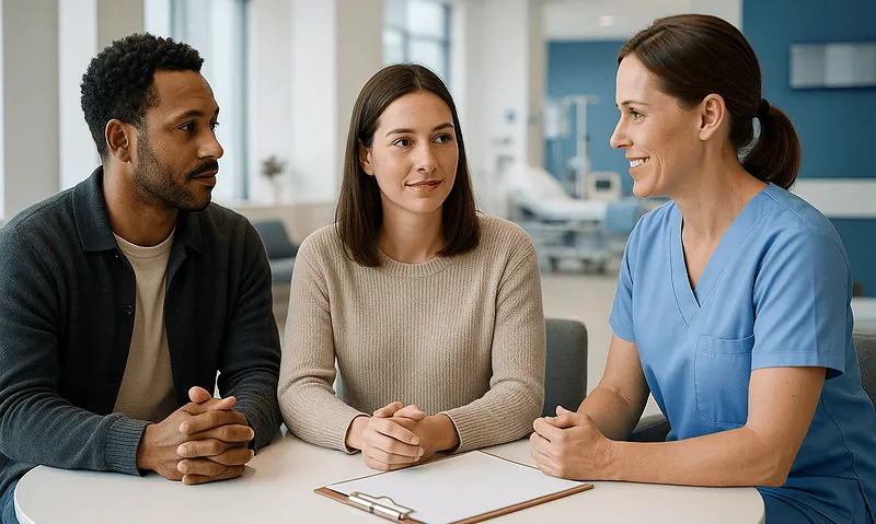 Doctor consulting with a patient and companion in a hospital setting.