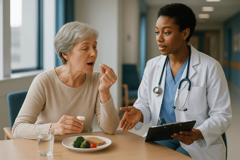 Doctor consulting with older patient about diet and nutrition: When to take pancreatic enzymes: timing with meals and snacks