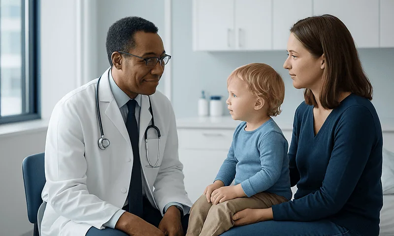 Pediatric consultation at Acibadem Hospital with doctor, mother, and child.