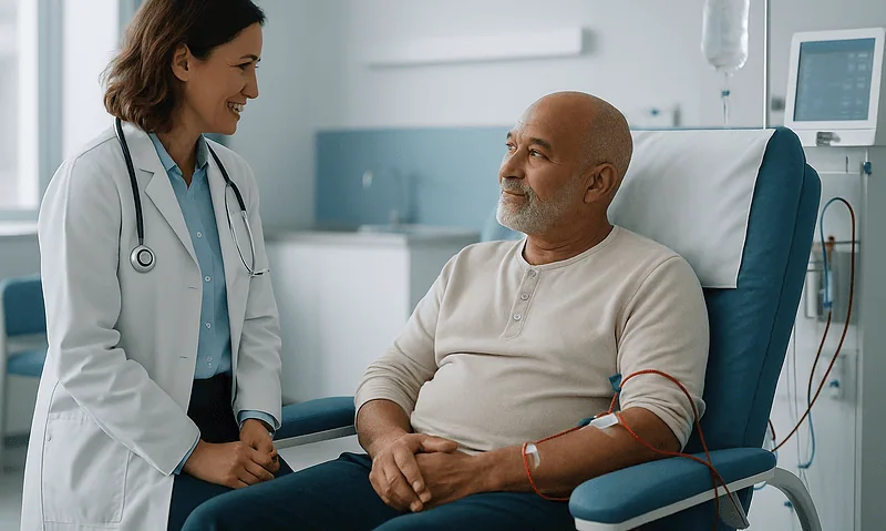 Doctor consulting with a patient in a hospital room.