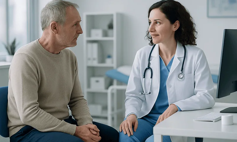 Urologist consulting with a patient in a medical office setting.