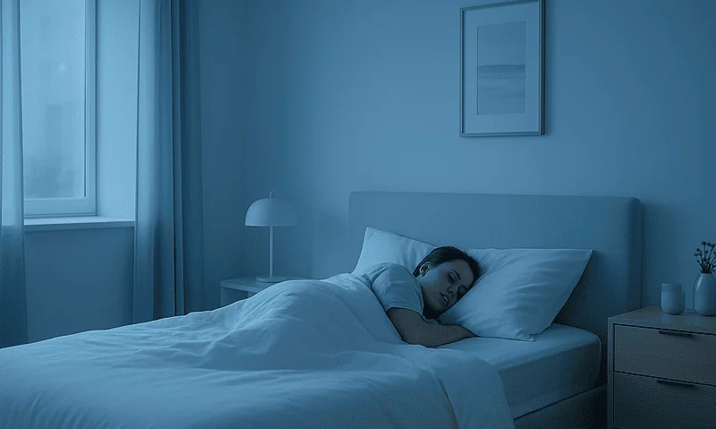 Young woman sleeping peacefully in a modern bedroom with blue lighting.