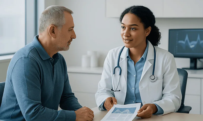 Doctor explaining echocardiogram results to a patient in a medical office.