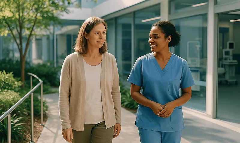 Healthcare professional and patient walking outside hospital building.
