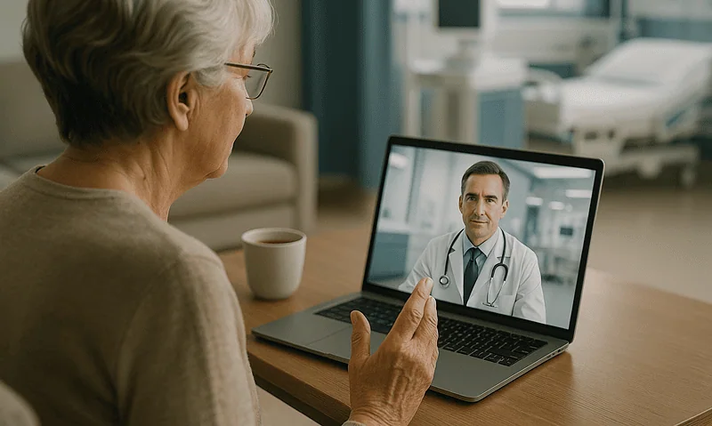 Senior woman consulting with a doctor via video call on laptop in hospital room.