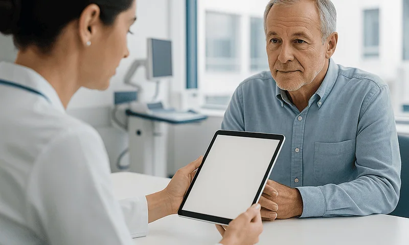 Doctor consulting with an elderly male patient in a medical office.
