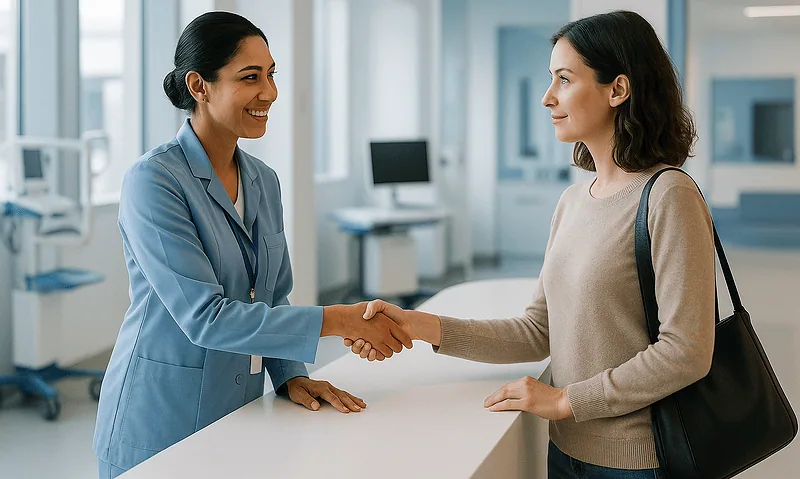 Healthcare professional shaking hands with a patient in a hospital setting.
