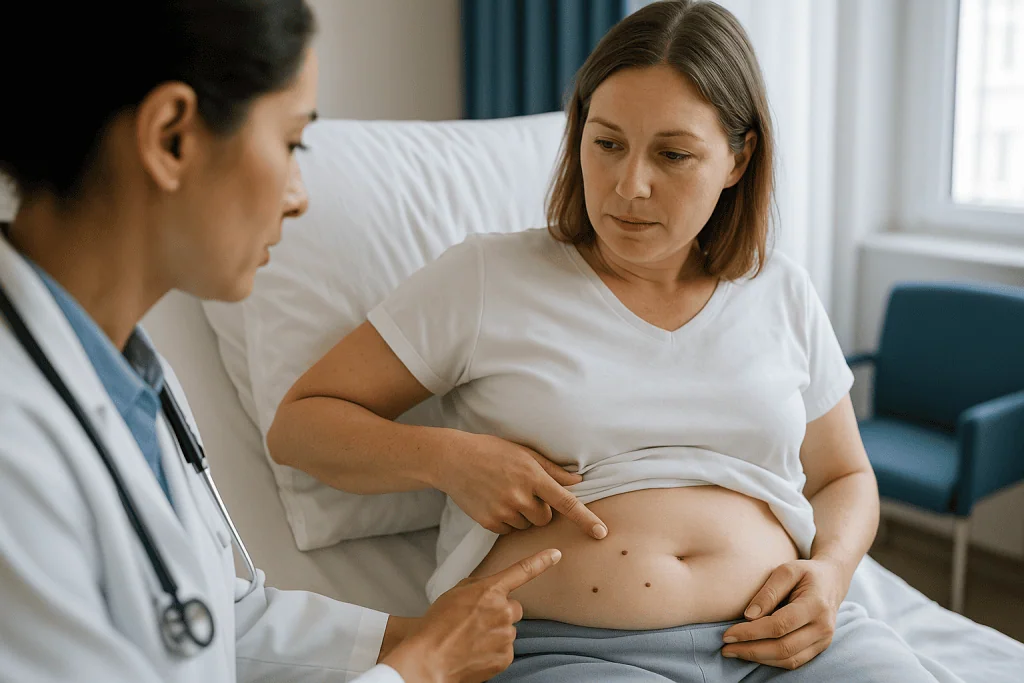Doctor examining pregnant abdomen during consultation: Where are the incisions and how many will there be?