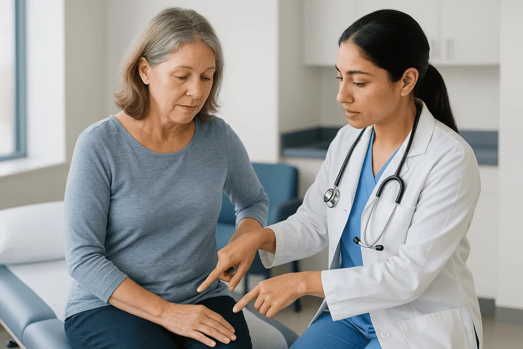 Doctor examining patient's arm in clinical consultation: Where are the ports placed during the VATS procedure?